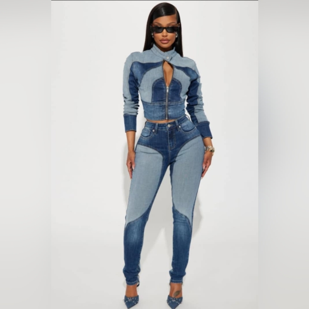 Two Tone Denim Pants Set